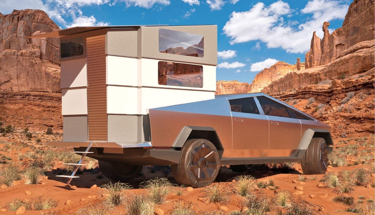 A CyberLandr-equipped truck with an RV camper attached to it in the desert.