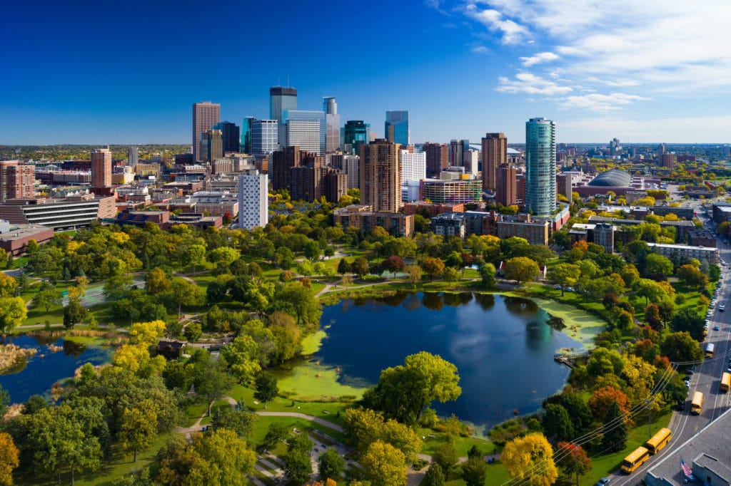 A city in Minnesota with a lake in the middle.