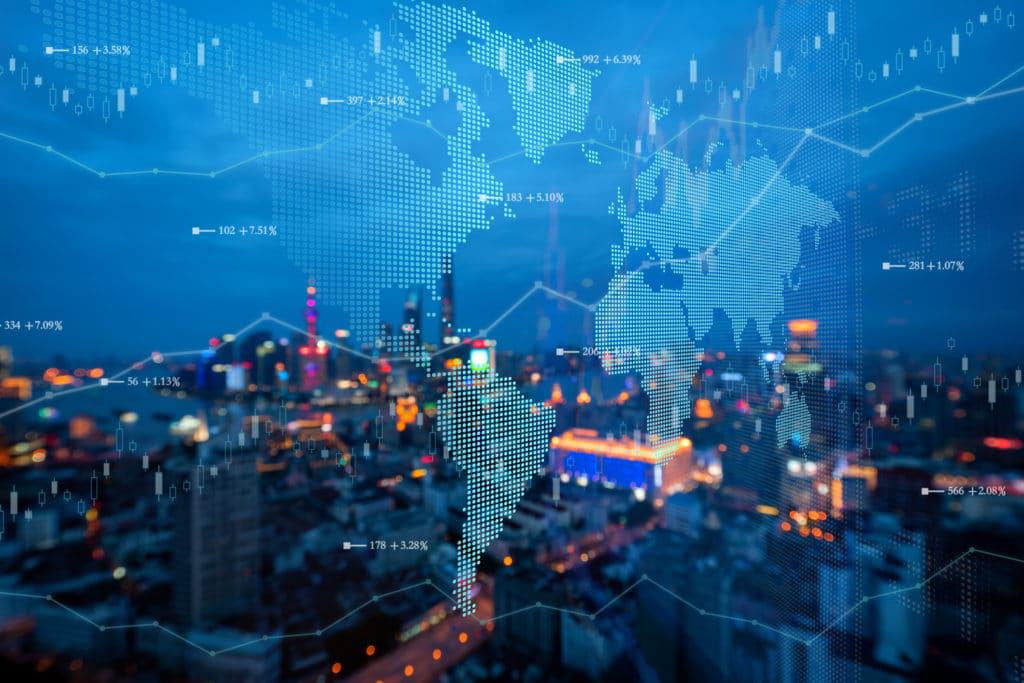 A cityscape with a world map and graphs in the background, showcasing the Greenfield Market Expansion.