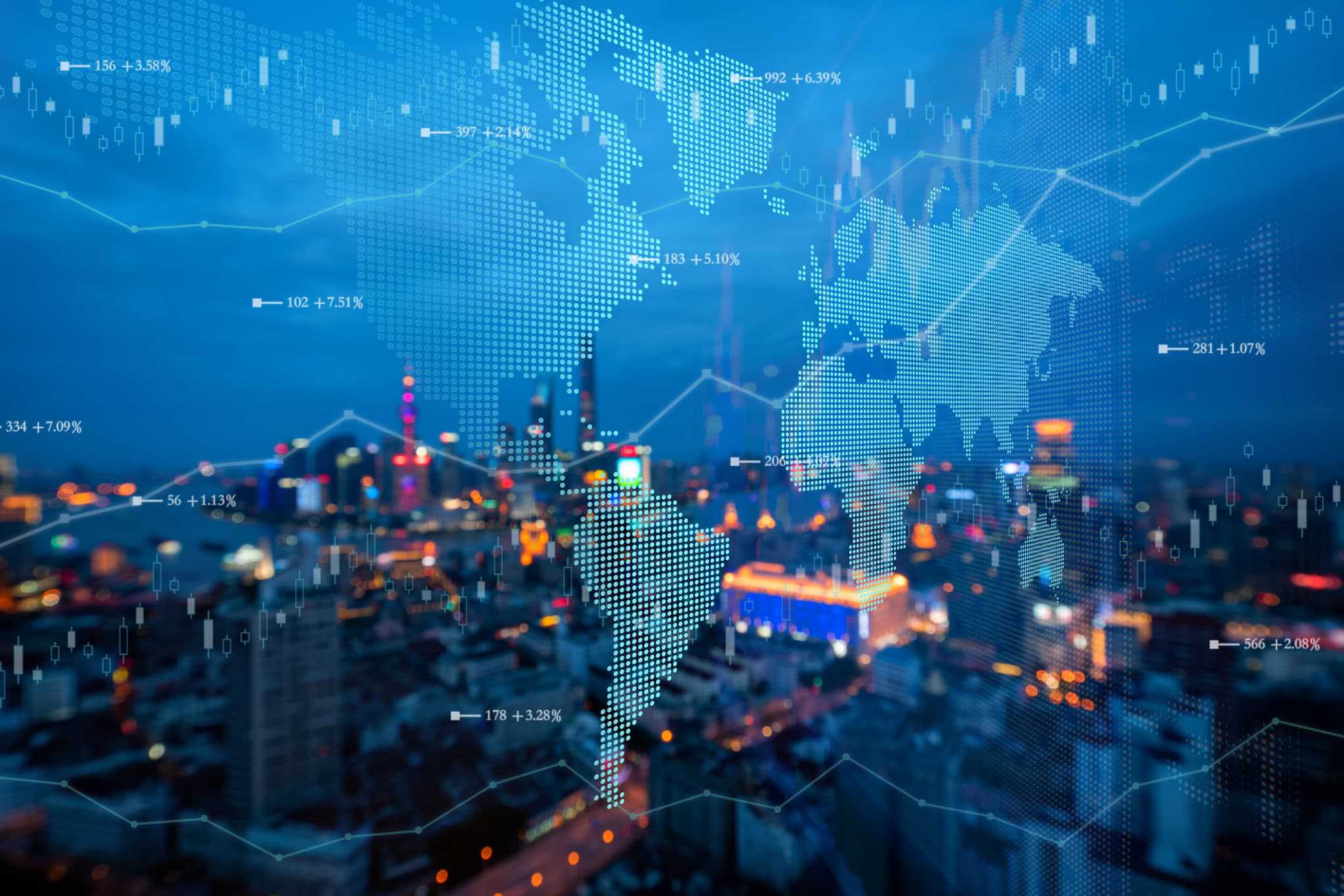 A cityscape with a world map and graphs in the background, showcasing the Greenfield Market Expansion.