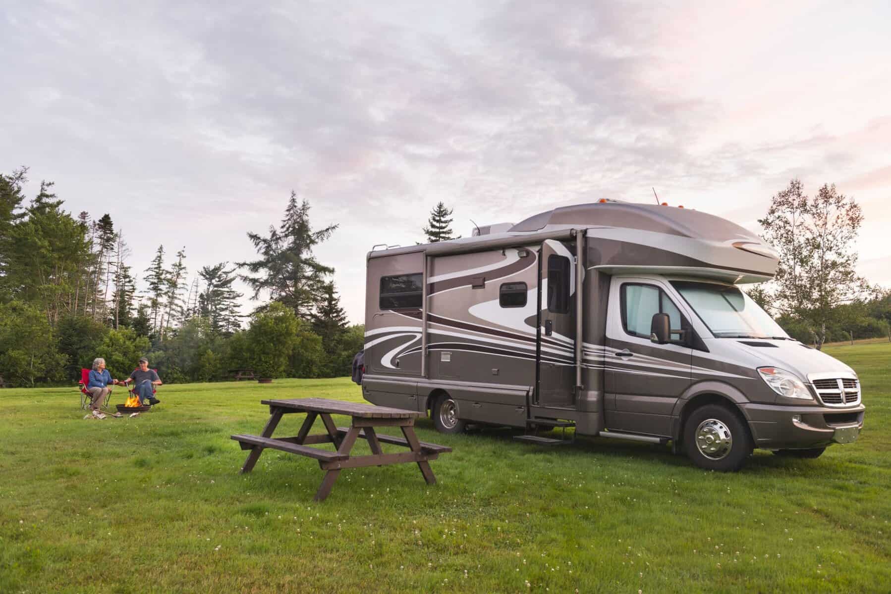 A Winnebago RV parked in a grassy area.