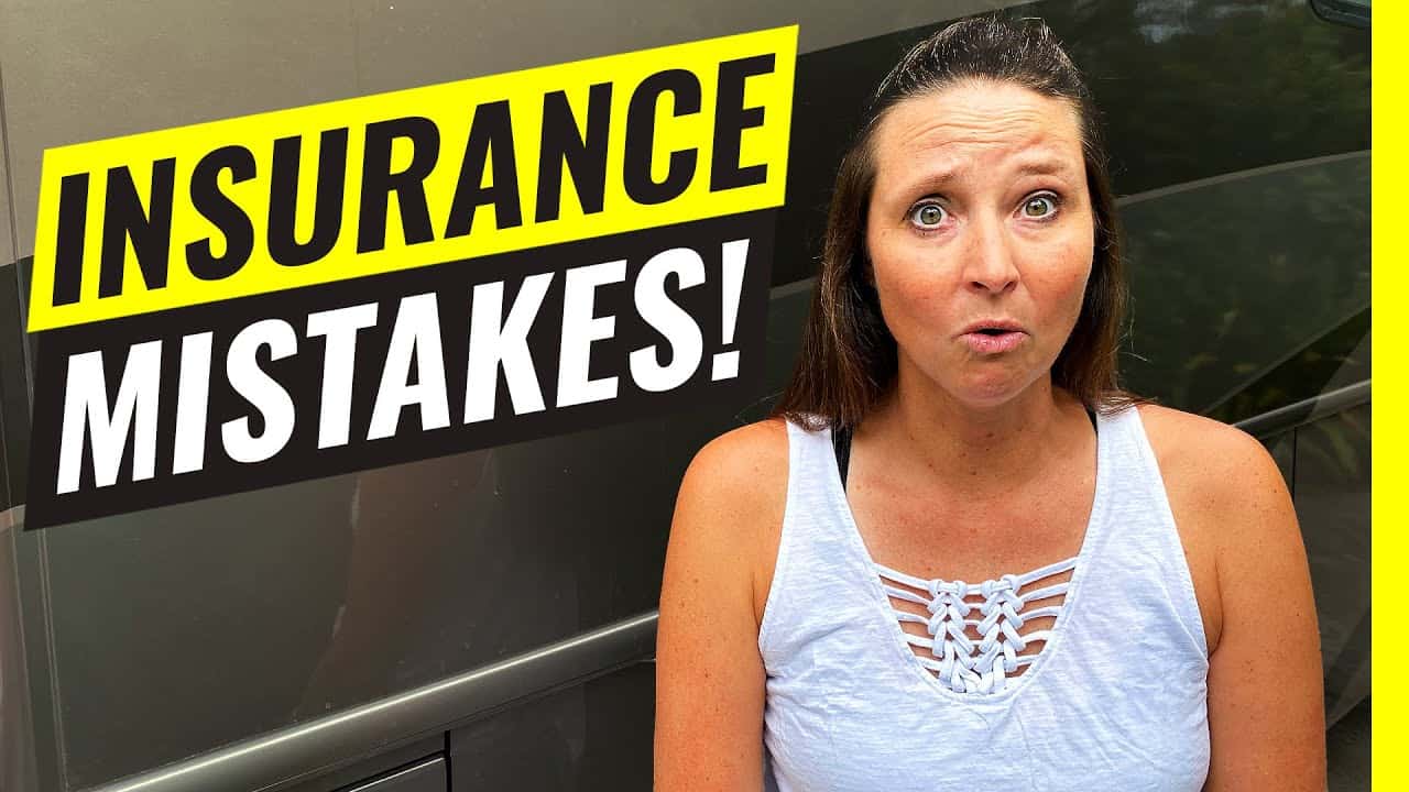 A woman standing in front of a van with the words insurance mistakes.