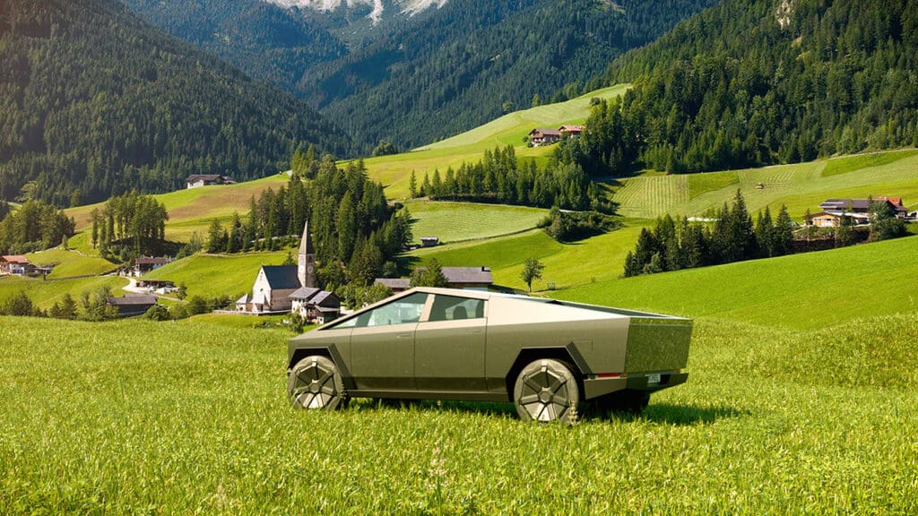 A futuristic CyberLandr car parked in a field with mountains in the background.