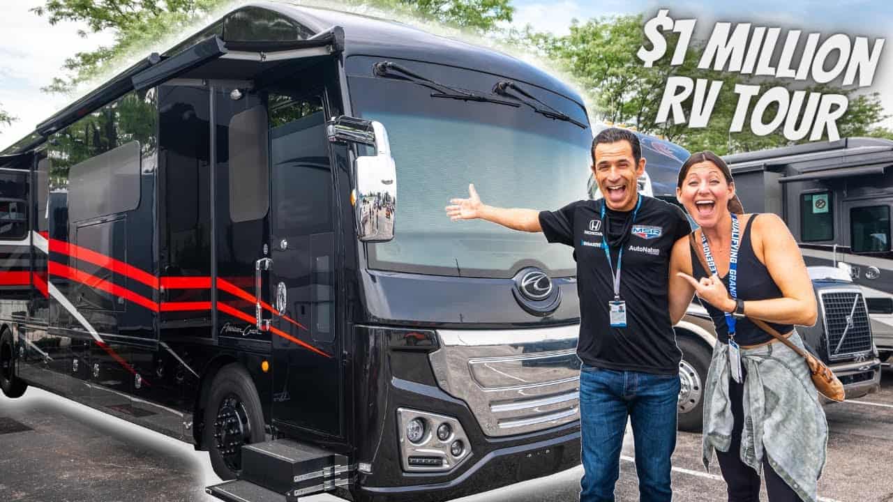 Two pro race car drivers standing in front of an RV with the words $ million RV tour.