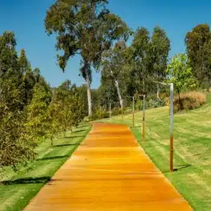 A yellow path leading to a grassy area, perfect for local tourism in Queensland.
