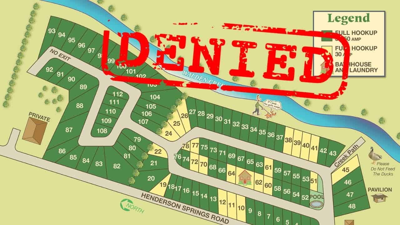 A proposed map of RV parks with the words "legend denied" indicating the location restrictions for certain parks.