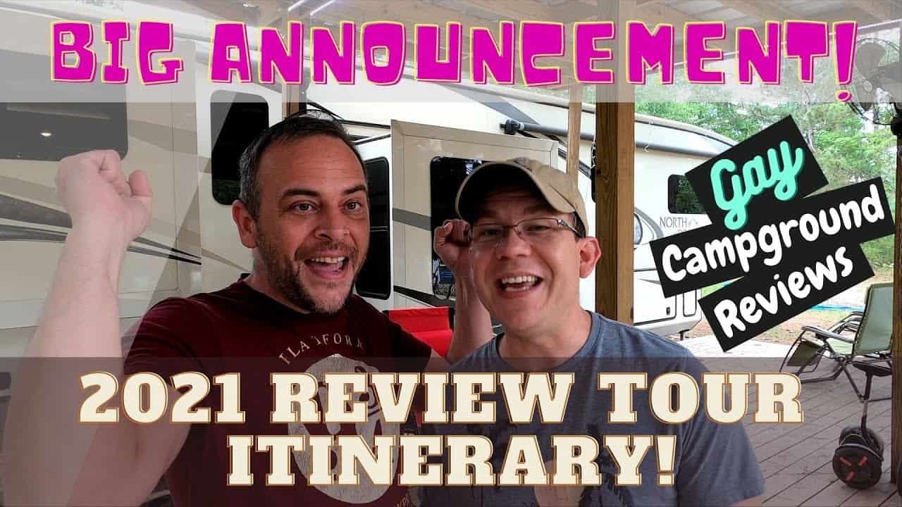 Two men standing in front of an RV with the text "big announcement" for the upcoming 2021 Gay Campground Reviews tour itinerary.