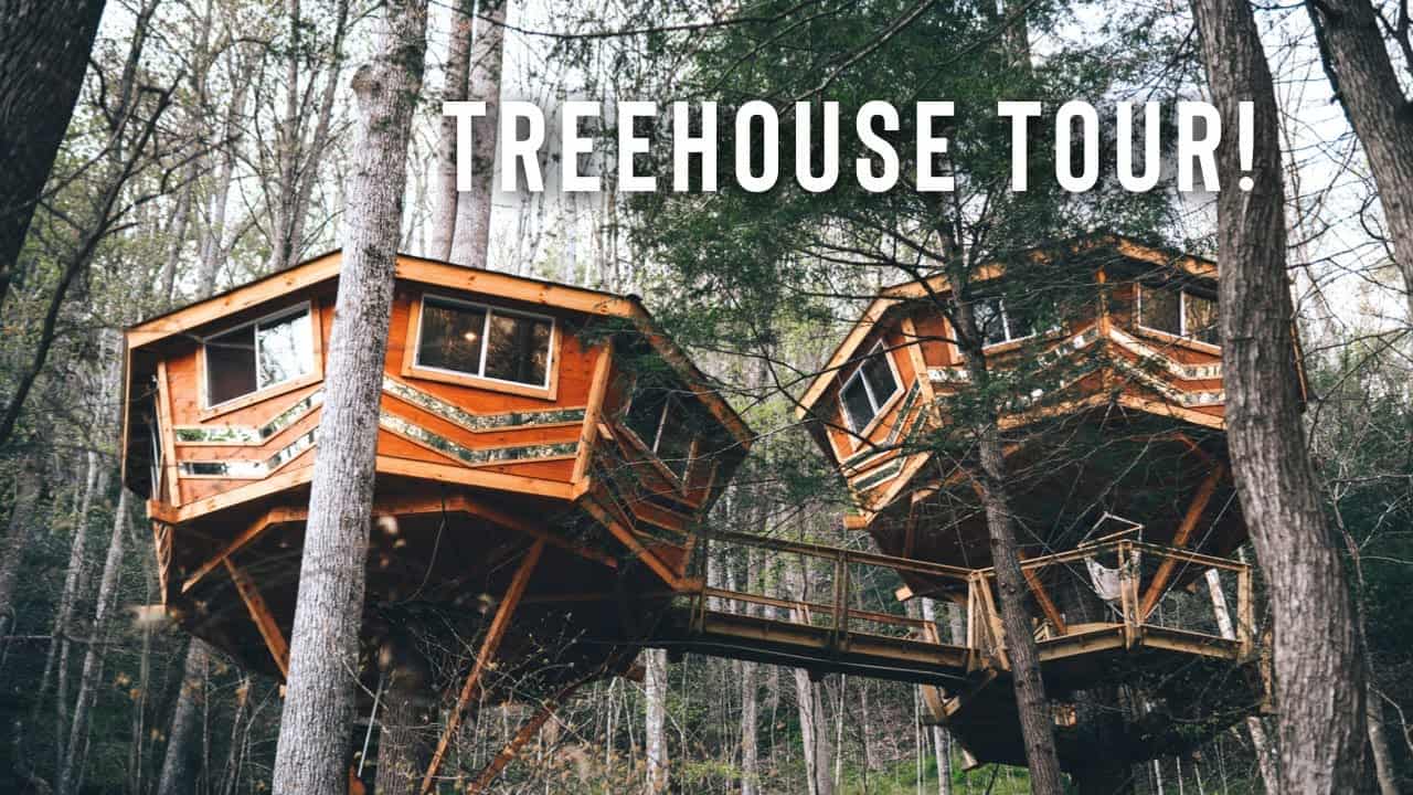 Two treehouses in the woods with a treehouse tour.