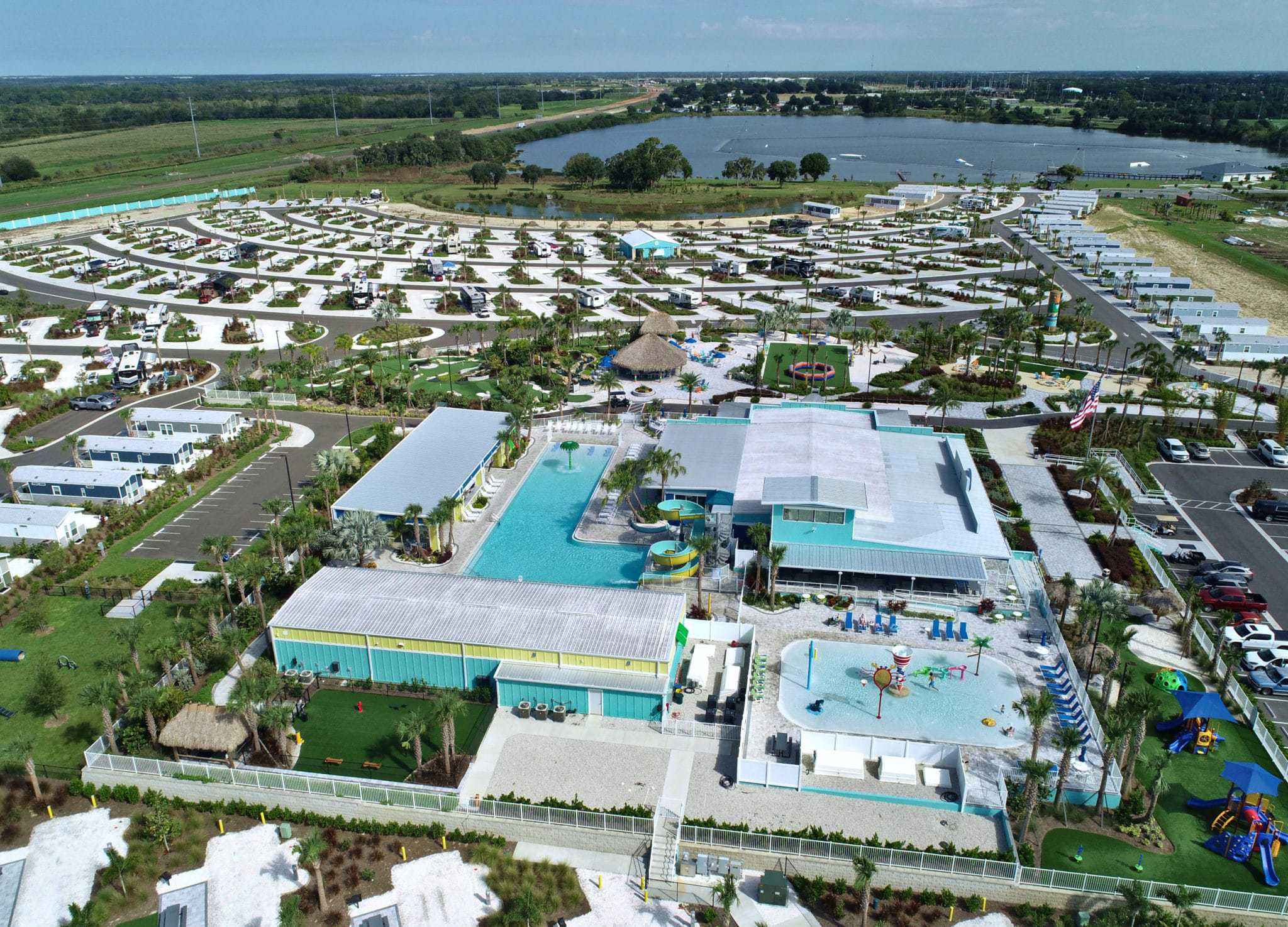 An aerial view of the Margaritaville Florida RV Resort with a swimming pool.