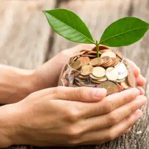 A woman's hand holding a glass with coins and a plant growing out of it, representing the success of campground operators in New York who consistently record high occupancies.