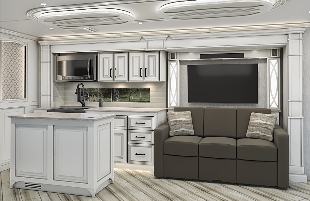 American Coach unveils an interactive interior design tool for an RV with a kitchen and living room.