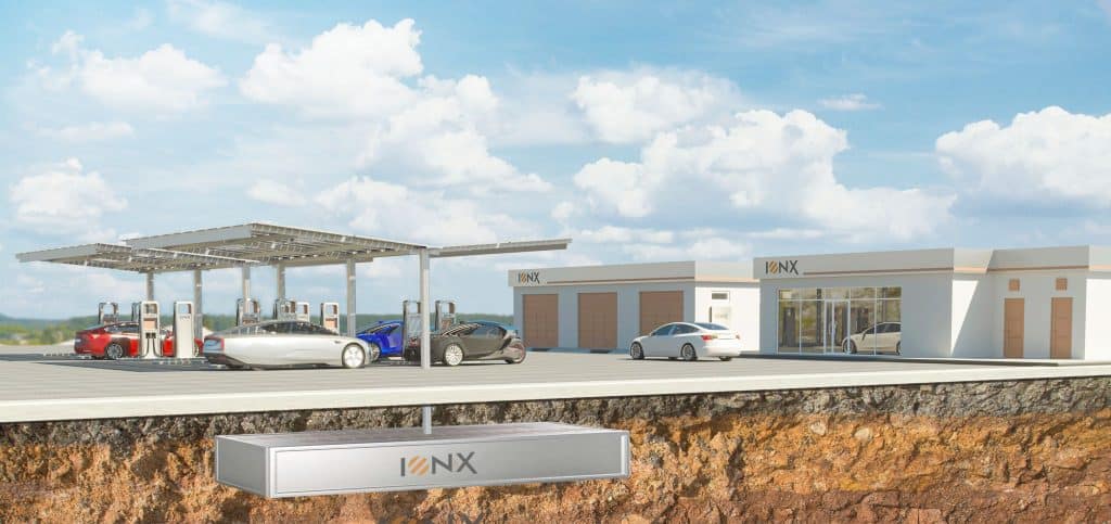 This is an artist's rendering of an electric car charging station, featuring the latest EV Battery Tech.