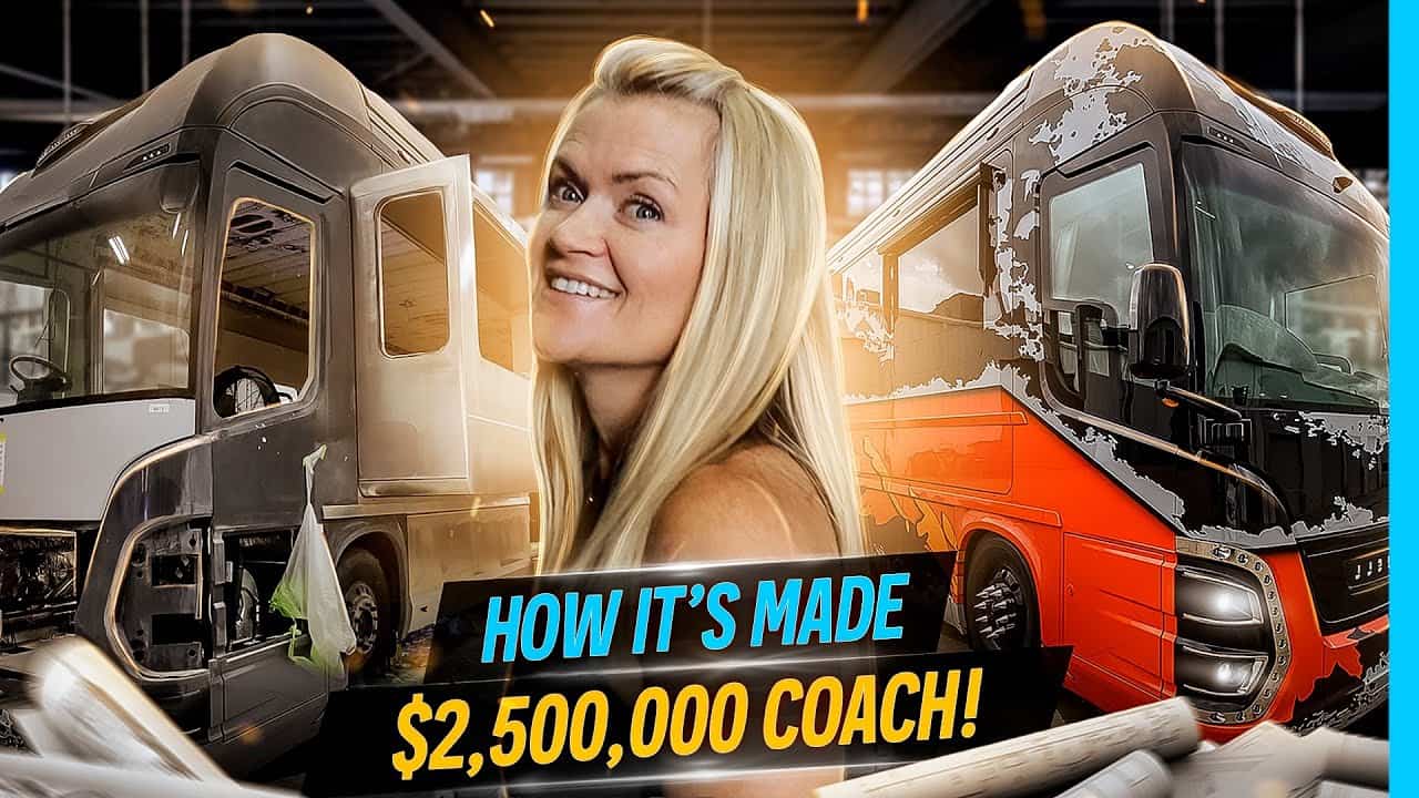 A woman is standing next to the latest Newell RV Coach with the words how it made $ 500 000.