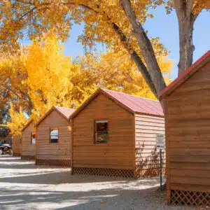 A row of wooden cabins with trees in the background, located in a campground.