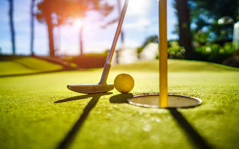 A golf ball and a tee on a green golf course in Minnesota.