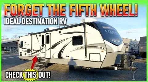 An advertisement for a 2022 Cougar 30RKD RV with the words forget the fifth wheel.