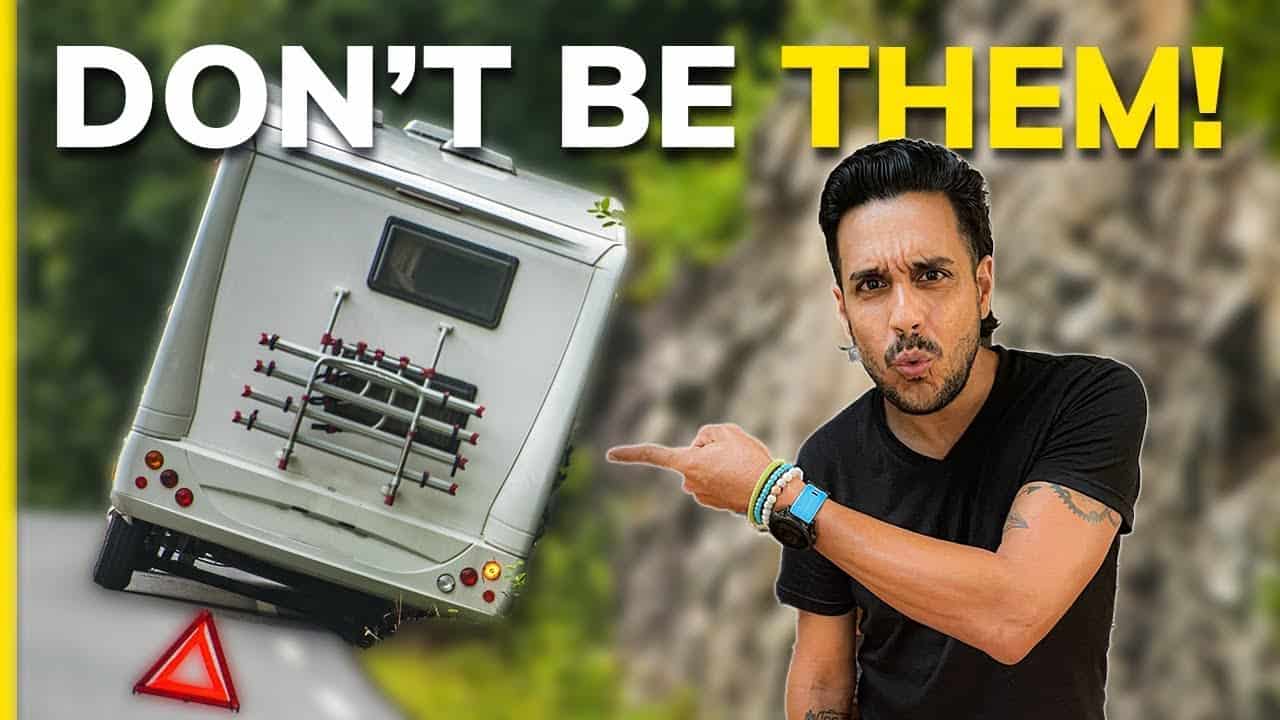 A man is pointing at an RV with the words "Don't be them," offering towing tips.