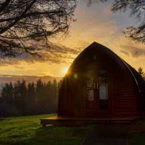 A small cabin sits in the middle of a grassy field at sunset on a peaceful farm.