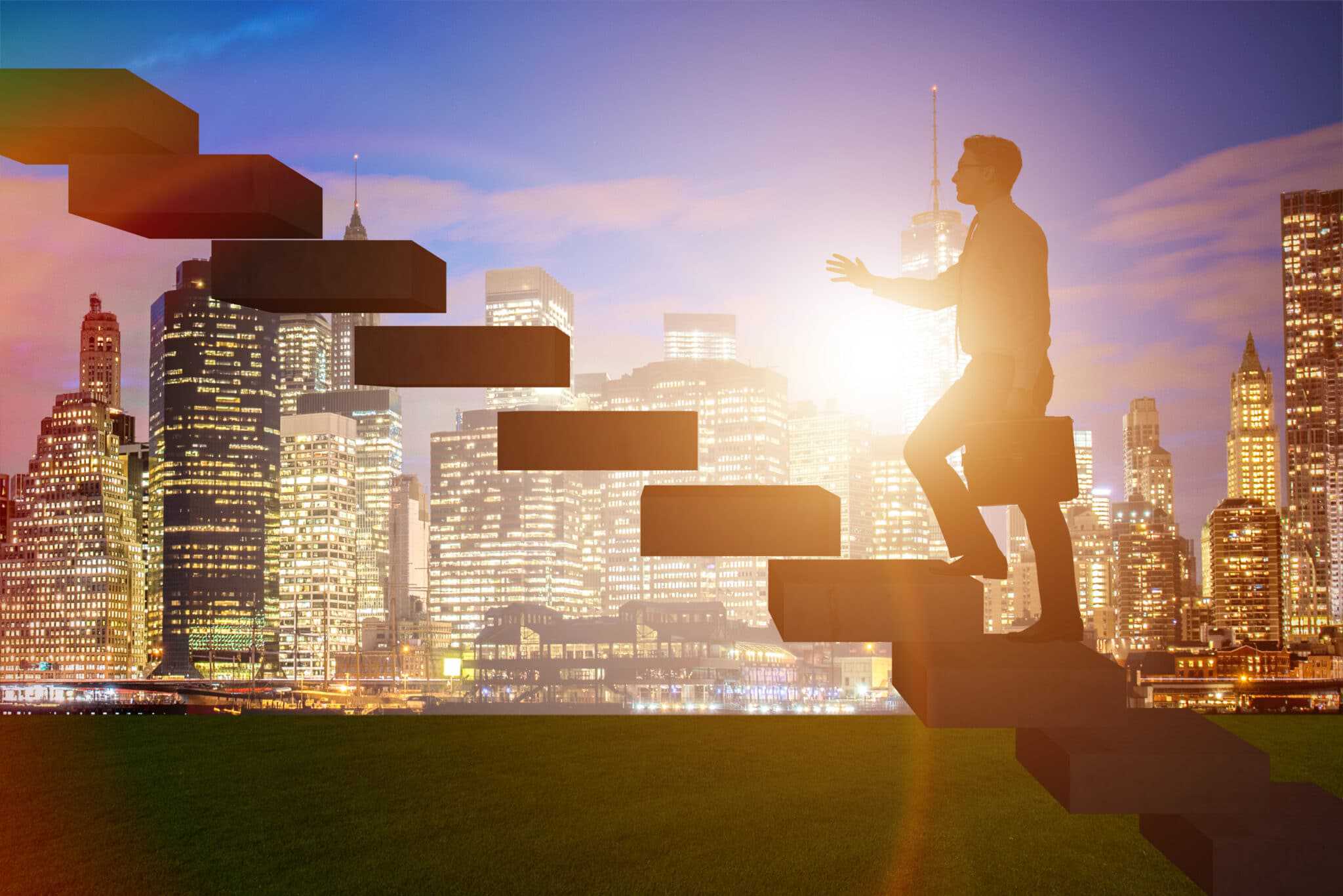 The Director of the Outdoor Recreation Industry Office in Colorado is walking up a set of stairs in front of a city skyline.