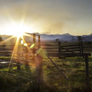 The sun is setting behind a fence in an Australian farm field with mountains in the background.