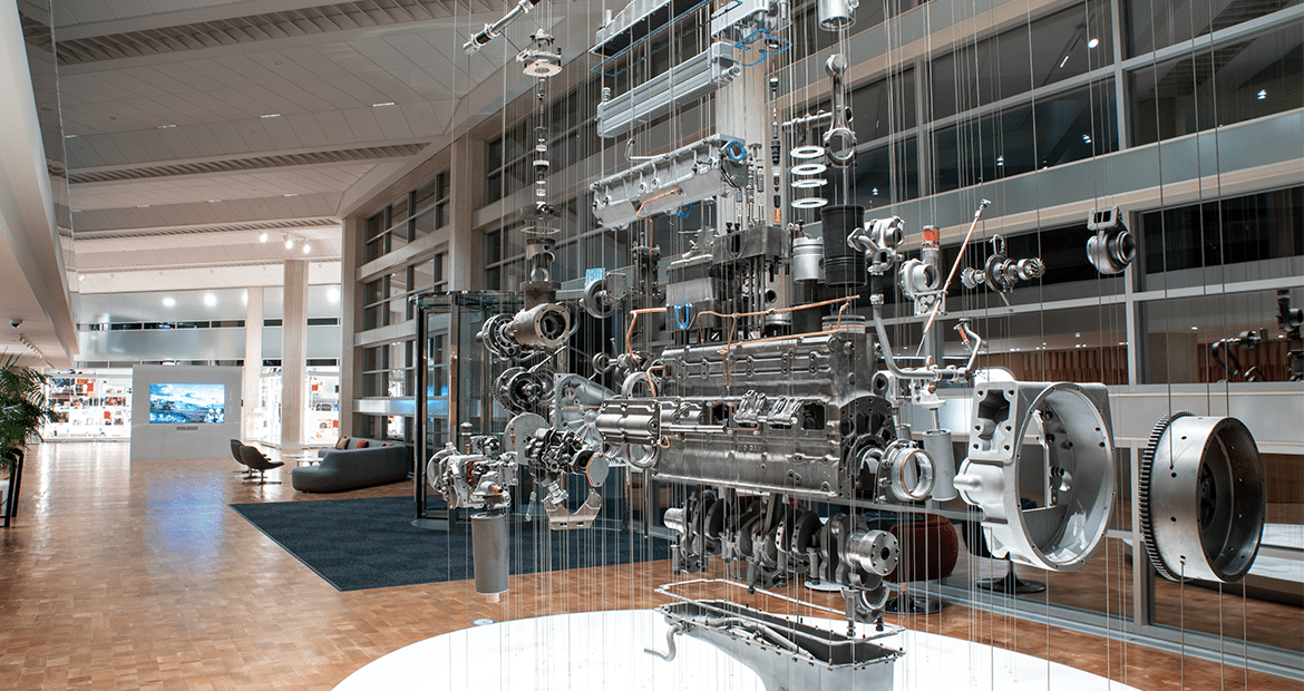A Cummins engine parts showcase at a building, symbolizing long-term growth and increased profitability.