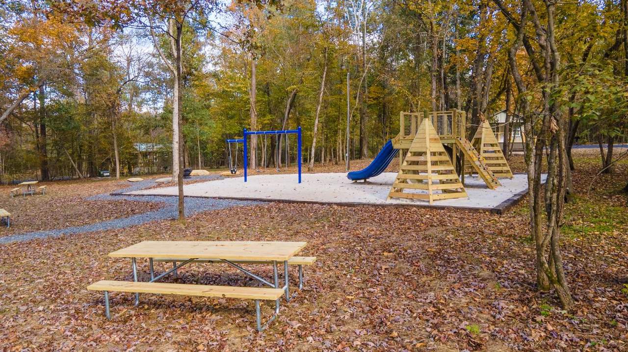 A playground with picnic tables and benches in the woods, nestled in the serene forests of Alabama.