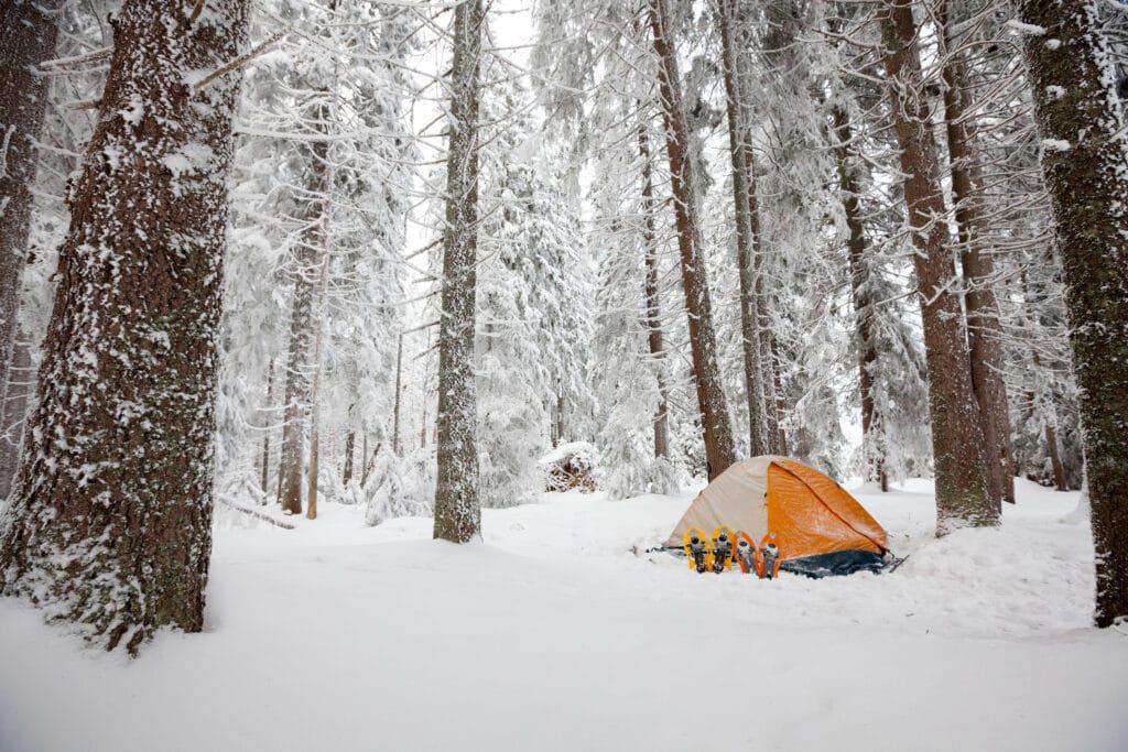 Amid the pandemic, a winter camping adventure awaits as a cozy tent is set up in a snowy forest. Explore the serene beauty of nature and indulge in a rejuvenating escape with Dyrt.