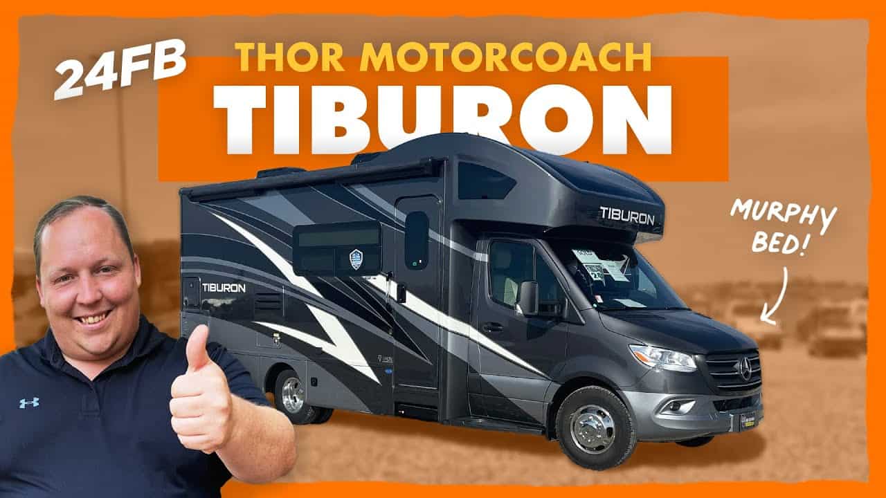 The Thor Motor Coach Tiburon offers the convenience of a Murphy Bed and a well-equipped bathroom in a stylish motorhome design.