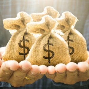 A man holding money bags with dollar signs in his hands.