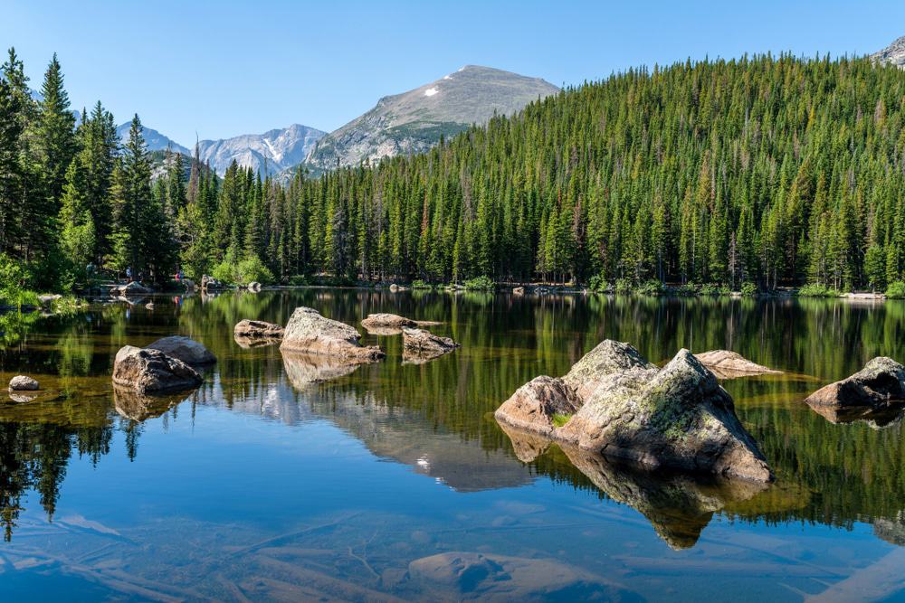 A lake surrounded by trees and rocks in Rocky Mountain National Park.