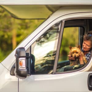 A woman sits in the driver's seat of an RV with her dog, confidently enjoying her Roamly pet insurance.