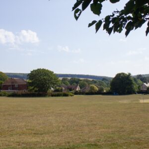 An idyllic Calbourne Farm featuring a glamping experience, with picturesque grassy fields and towering trees in the background.