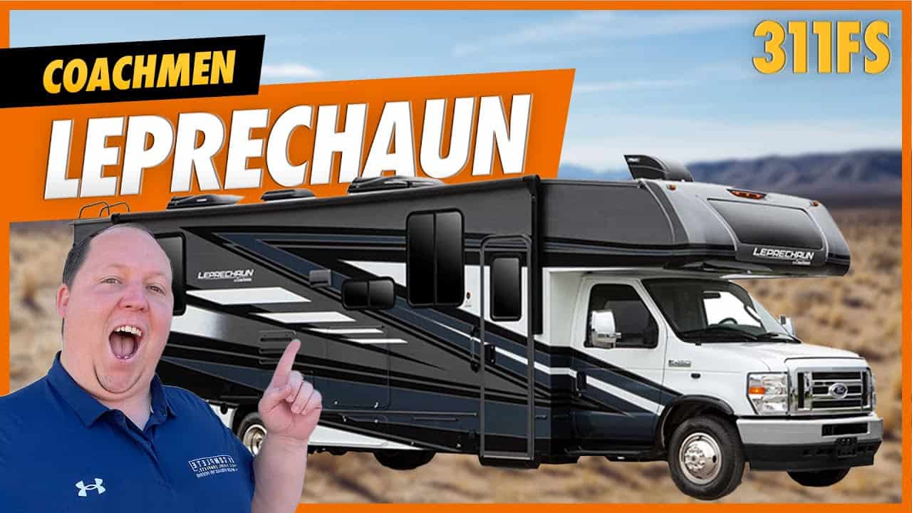 A man is standing in front of a Coachmen Leprechaun Class C RV, showcasing its touring features.