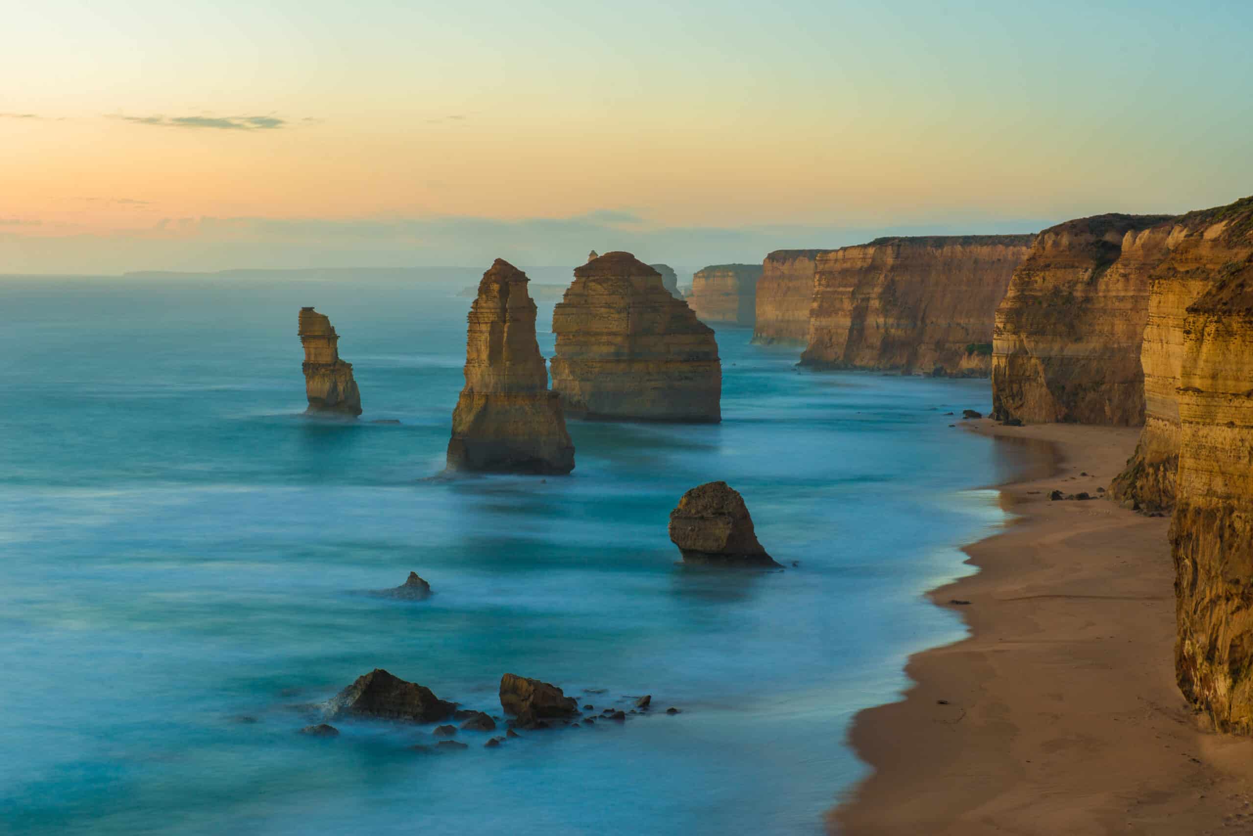 The twelve apostles at sunset on the great ocean road in Victoria.