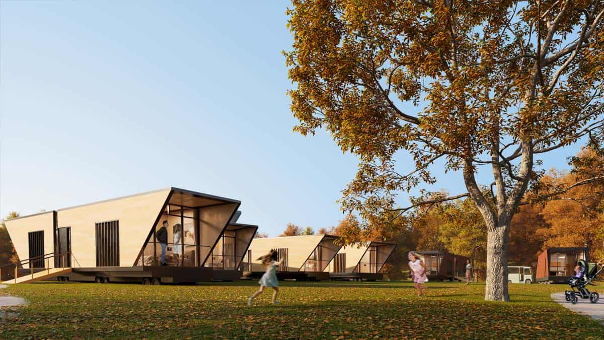 A Scandinavian artist's rendering of a luxurious wooden cabin nestled in a park, perfect for an idyllic glamping experience.