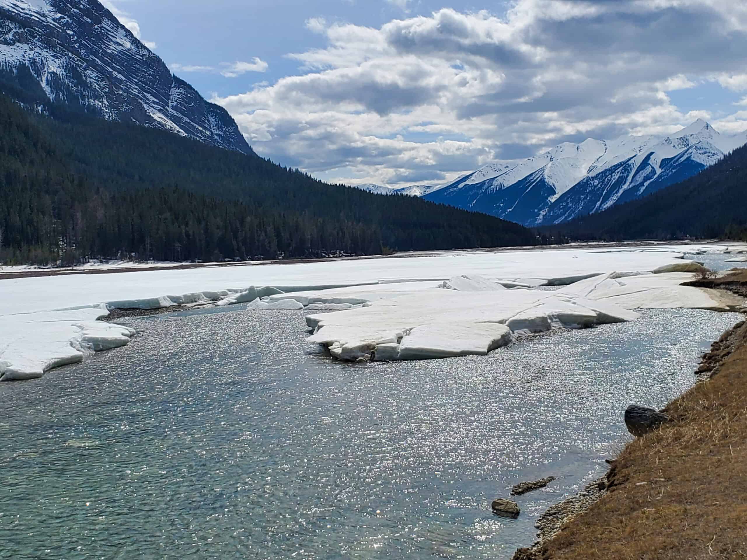 A freezing river with ice floes and mountains in the background.