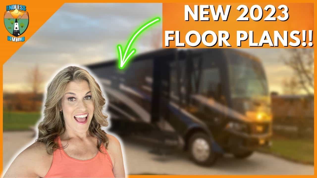 A Newmar woman is posing in front of an RV with the words new 2020 floor plans and major upgrades.