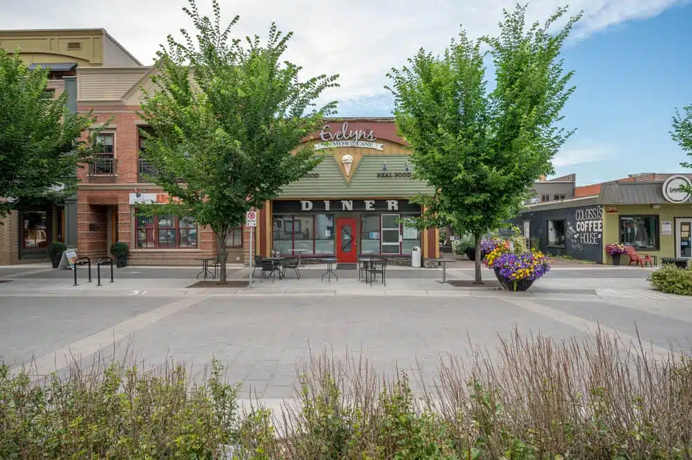 A town square located in Alberta, featuring a restaurant and a coffee shop.