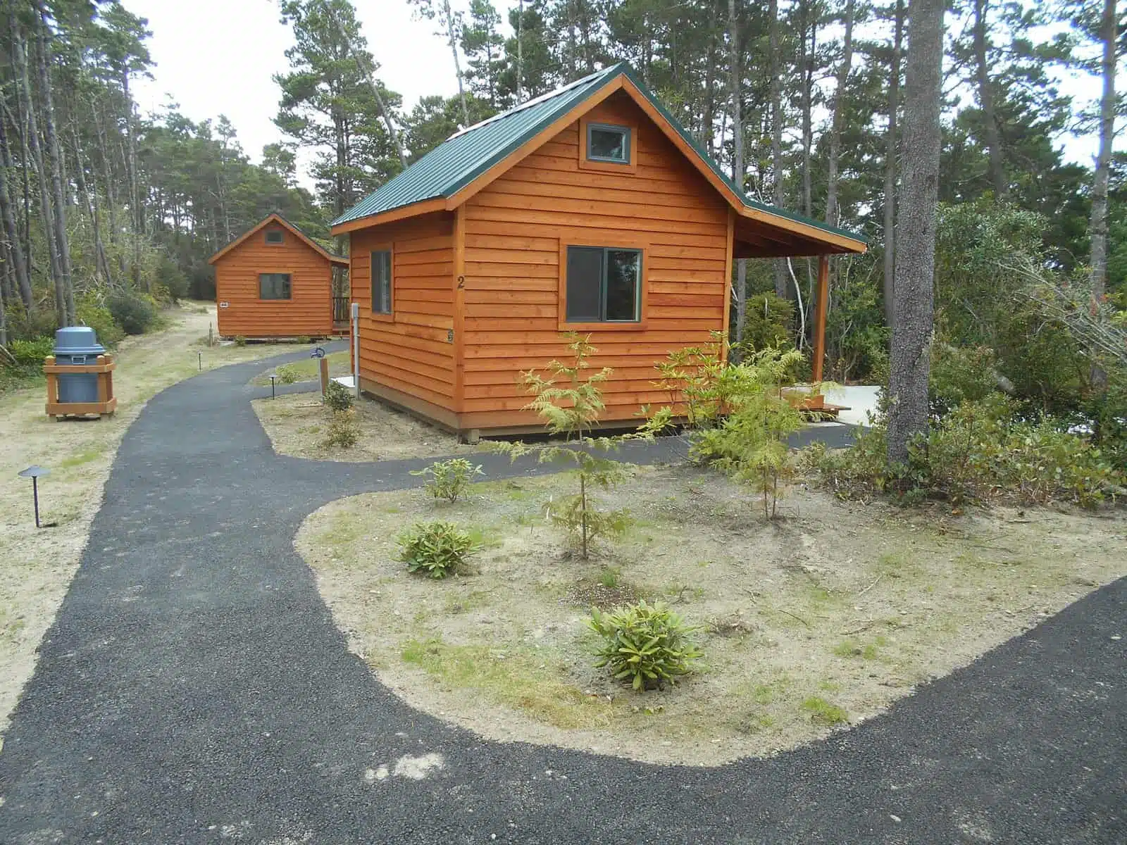 Two cabins nestled in the Harbor Vista campground.