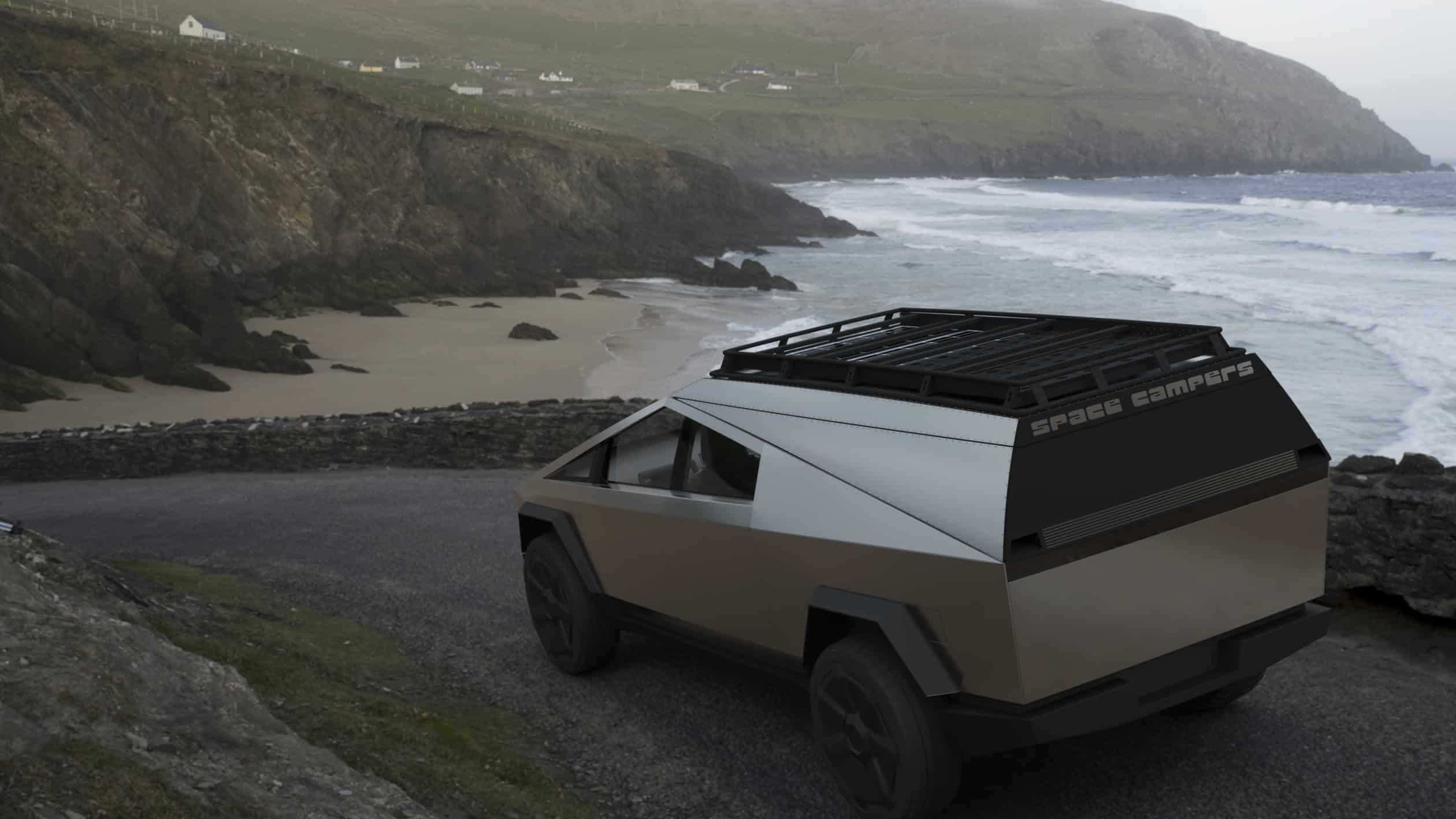 A Tesla Cybertruck is parked on the side of a road near the ocean.