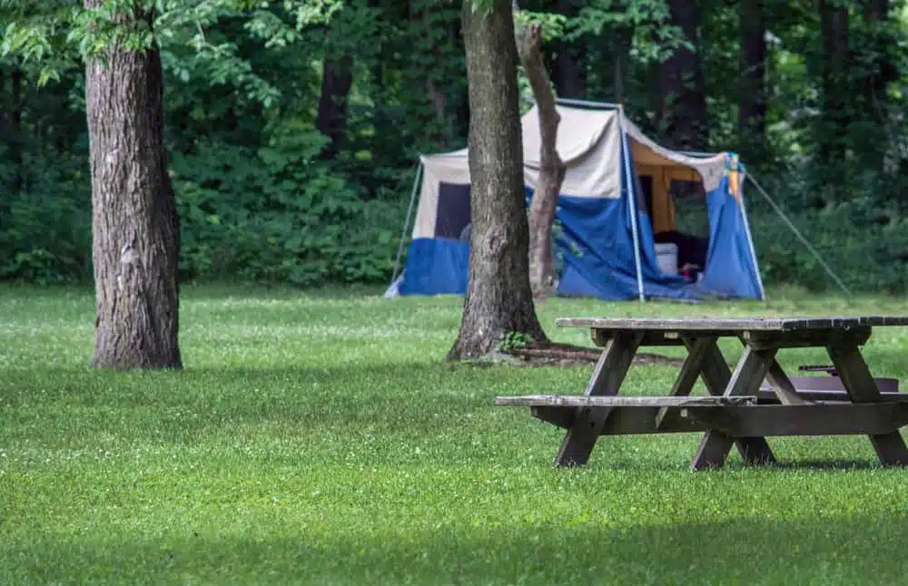 A picnic table in front of a tent amidst the peaceful Indiana wilderness.