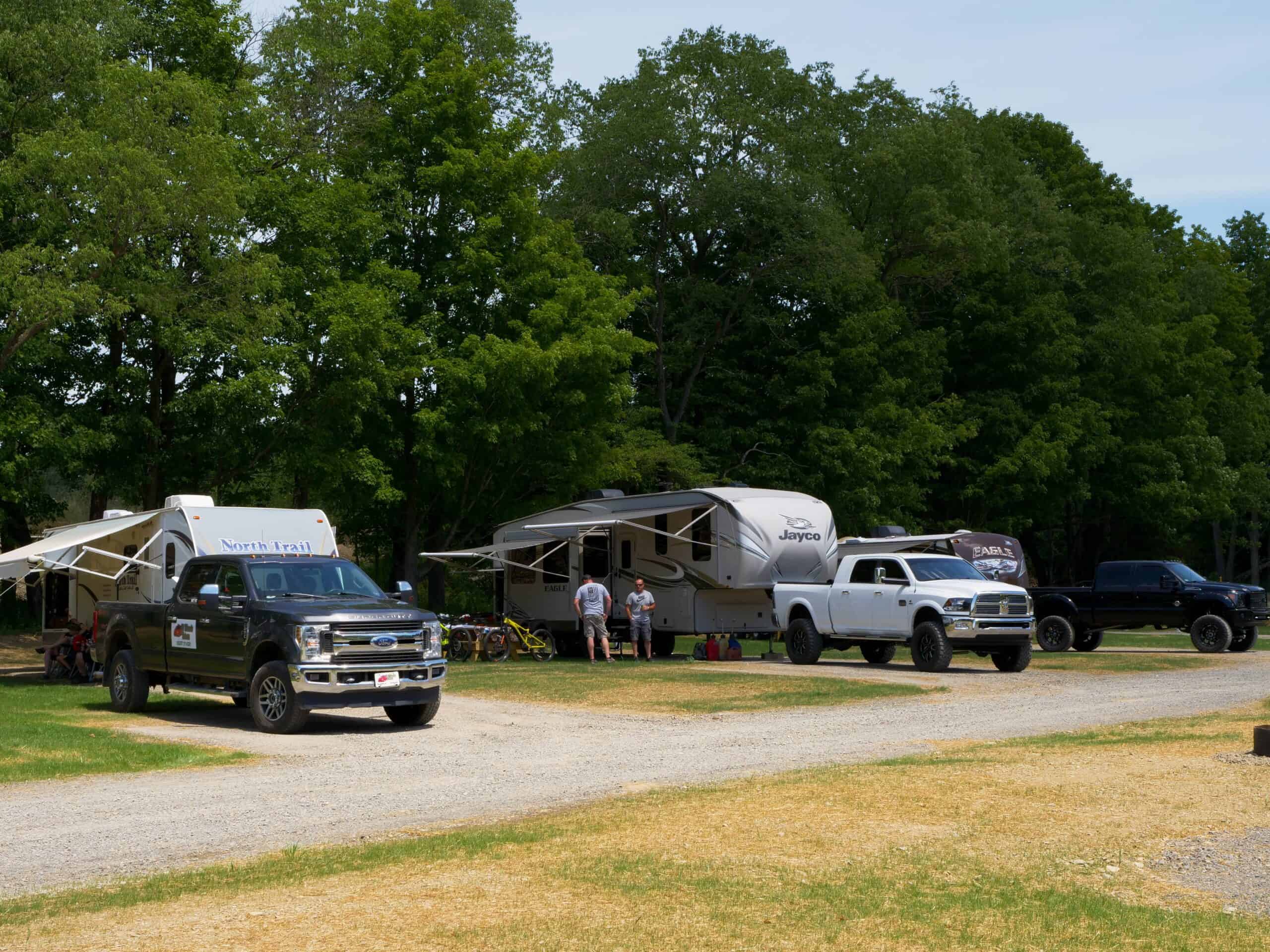 A group of RV's parked at Greek Peak Mountain Resort campground in New York.