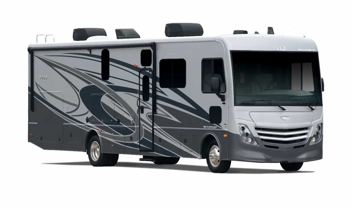 An All-New gray and silver Fleetwood RV on a white background.