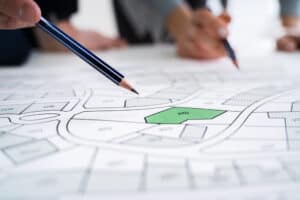A group of people at an RV Park in Kalkaska County working on a plan with pencils.