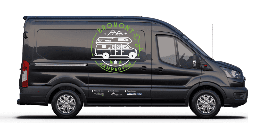 An electric Bromont Campervan for rent, with a logo on it.