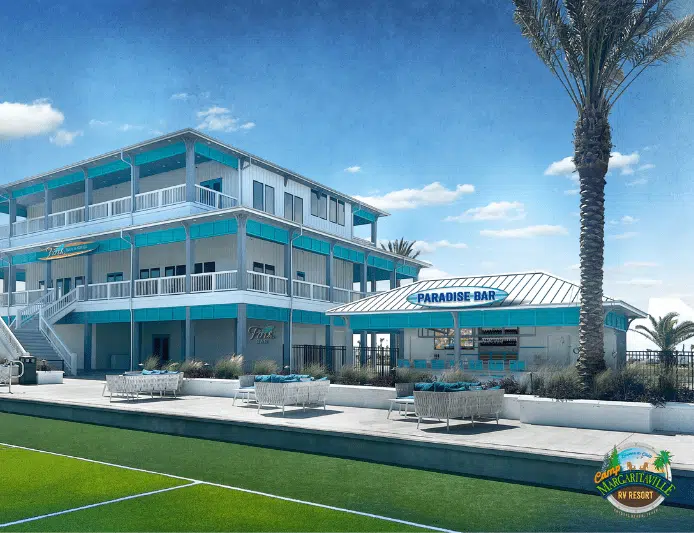 A rendering of Camp Margaritaville Crystal Beach, a building with a tennis court and palm trees.