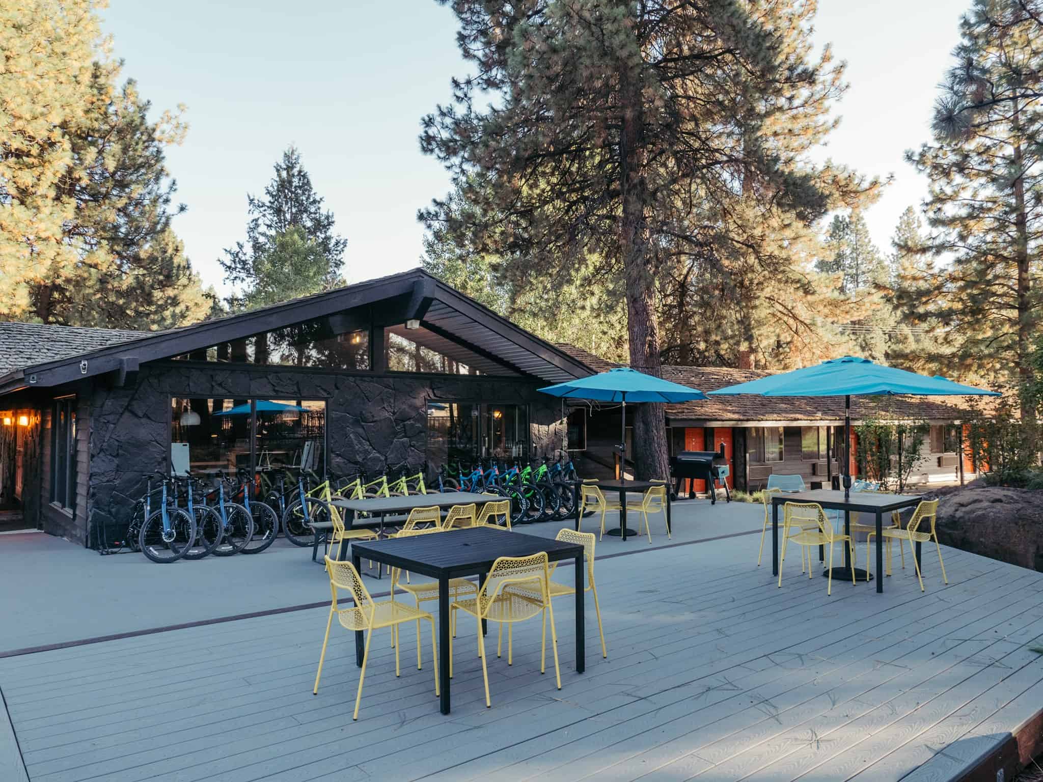 LOGE Camps offers a unique lodging experience in a restaurant with tables and chairs set in a wooded area.