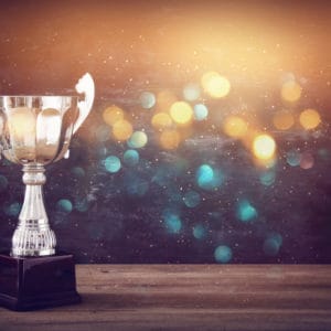 A silver trophy on a wooden table with a blurred background, symbolizing the Finalists of RVWA's Lifetime Achievement Award.