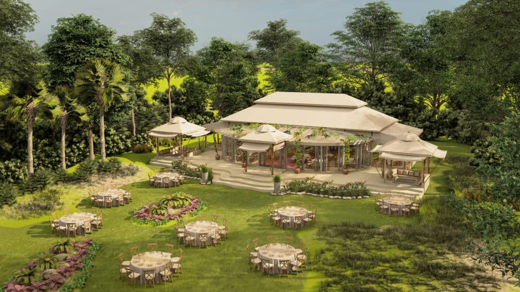 A rendering of a wedding venue in the middle of a forest, featuring sturdier tented villas.