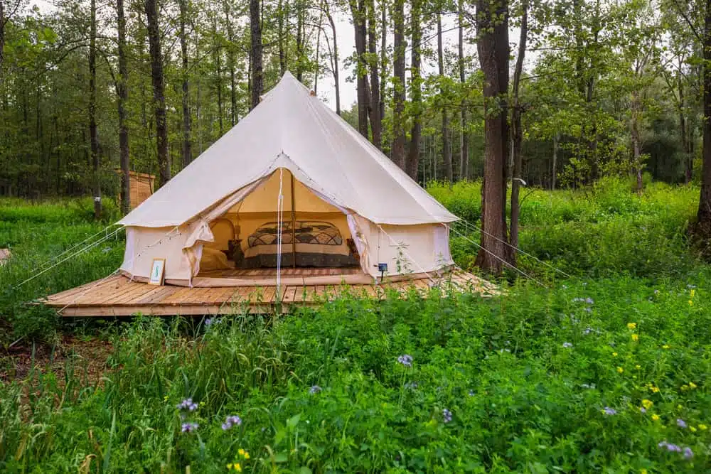 A white tent sits on a wooden deck in the woods, providing an ideal location for glamping.